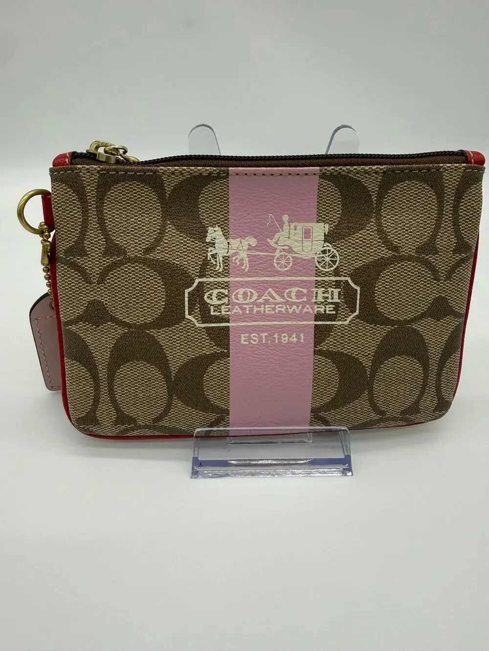 COACH Signature Coated Canvas Heritage Stripe Horse & Carriage Wristlet